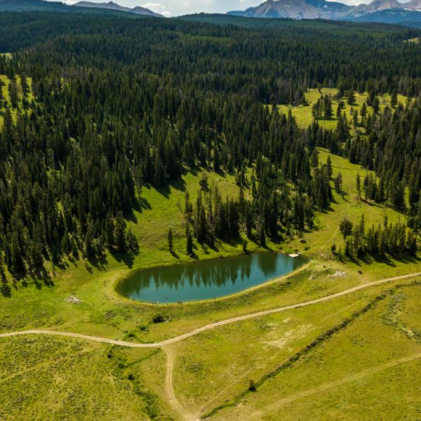 thumb-activities-on-the-ranch-swimming-dude-ranch-montana (2) Aerial view showcasing a serene lake surrounded by lush, forested mountains under a clear blue sky.