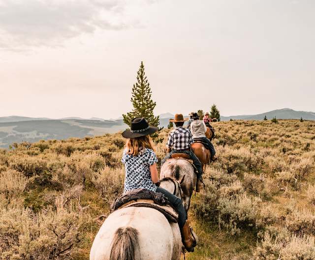 thumb-horseback-program-intermediate-yellowstone-horseback-riding A group of individuals riding horses along a scenic mountain trail, surrounded by lush greenery and towering peaks.